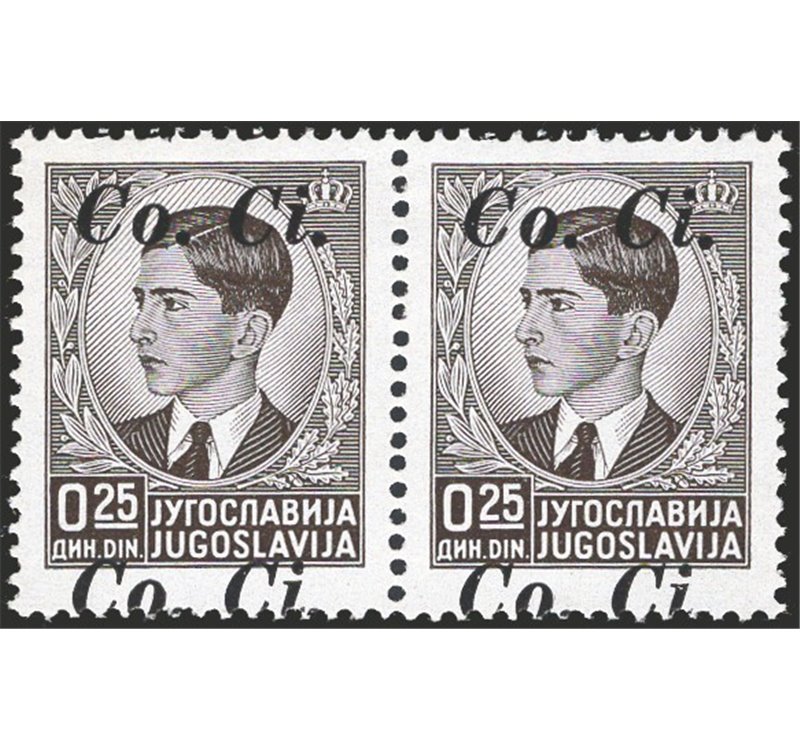 Occup. Italiane - Lubiana - 1941 - Francobolli di Jugoslavia Re Pietro 25 p. nero in coppia con doppia soprast. "Co. Ci." di cui
