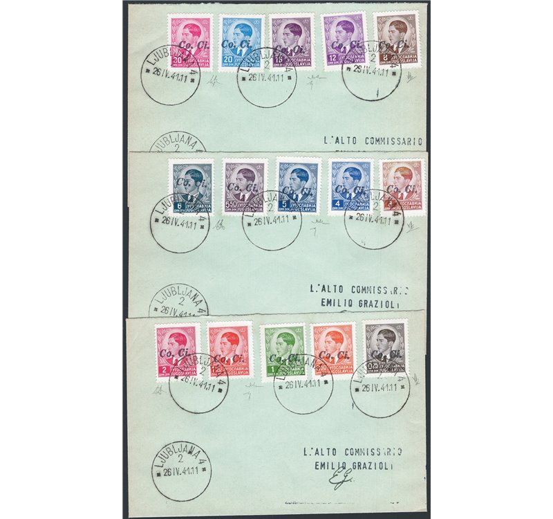 Occup. Italiane - Lubiana - 26/4/1941 - Tre lettere non viaggiate affrancate con serie Re Pietro formato grande con soprastampa 