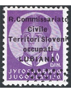 Occup. Italiane - Lubiana - 1941 - Francobollo di Jugoslavia Re Pietro formato piccolo 10 d. violetto vivo con soprast. modifica