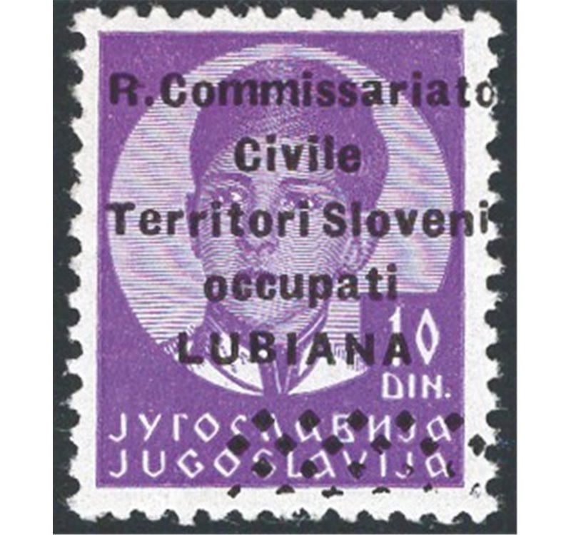Occup. Italiane - Lubiana - 1941 - Francobollo di Jugoslavia Re Pietro formato piccolo 10 d. violetto vivo con soprast. modifica