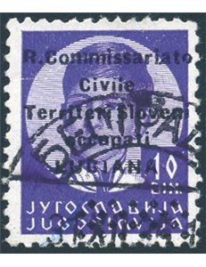Occup. Italiane - Lubiana - 1941 - Francobollo di Jugoslavia Re Pietro formato piccolo 10 d. violetto vivo con soprast. modifica