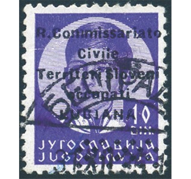 Occup. Italiane - Lubiana - 1941 - Francobollo di Jugoslavia Re Pietro formato piccolo 10 d. violetto vivo con soprast. modifica