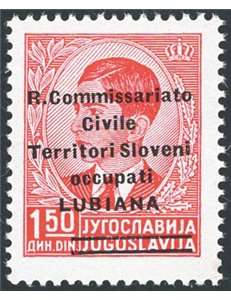 Occup. Italiane - Lubiana - 1941 - Francobollo di Jugoslavia Re Pietro 1,50 d. rosso con soprast. “R. Commissariato Civile Terri