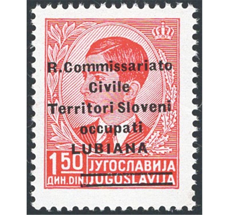 Occup. Italiane - Lubiana - 1941 - Francobollo di Jugoslavia Re Pietro 1,50 d. rosso con soprast. “R. Commissariato Civile Terri