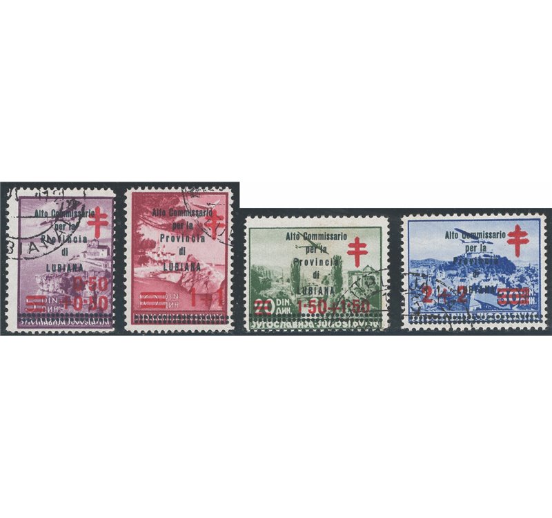 Occup. Italiane - Lubiana - 1941 - Francobolli di Jugoslavia Croce Rossa con soprast., serie n° 57/60. Firm.: Chia - Raybaudi. C
