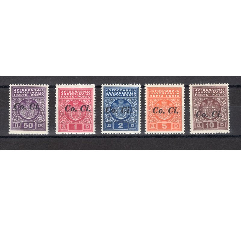 Occup. Italiane - Lubiana - 1941 - Segnatasse. soprast. "Co. Ci.", serie n° 1/5. Cat. € 150 (**)
