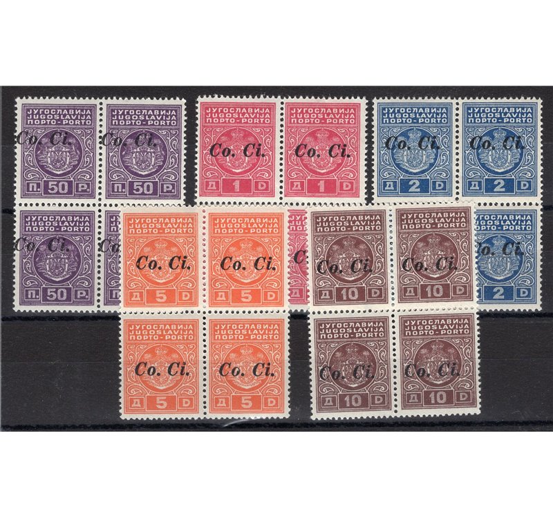 Occup. Italiane - Lubiana - 1941 - Segnatasse. soprast. "Co. Ci." in quartina, serie n° 1/5. Cat. € 600++ (**)