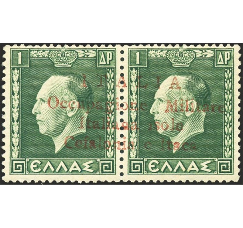Occup. Italiane - Cefalonia e Itaca - Argostopoli - 1941 - Giorgio II 1 d. + 1 d. verde in coppia con la soprast. di Argostopoli