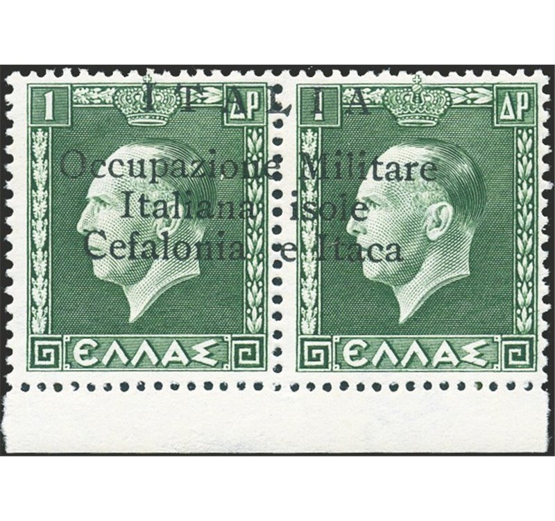 Occup. Italiane - Cefalonia e Itaca - Argostopoli - 1941 - Giorgio II 1 d. + 1 d. verde in coppia con la soprast. di Argostopoli