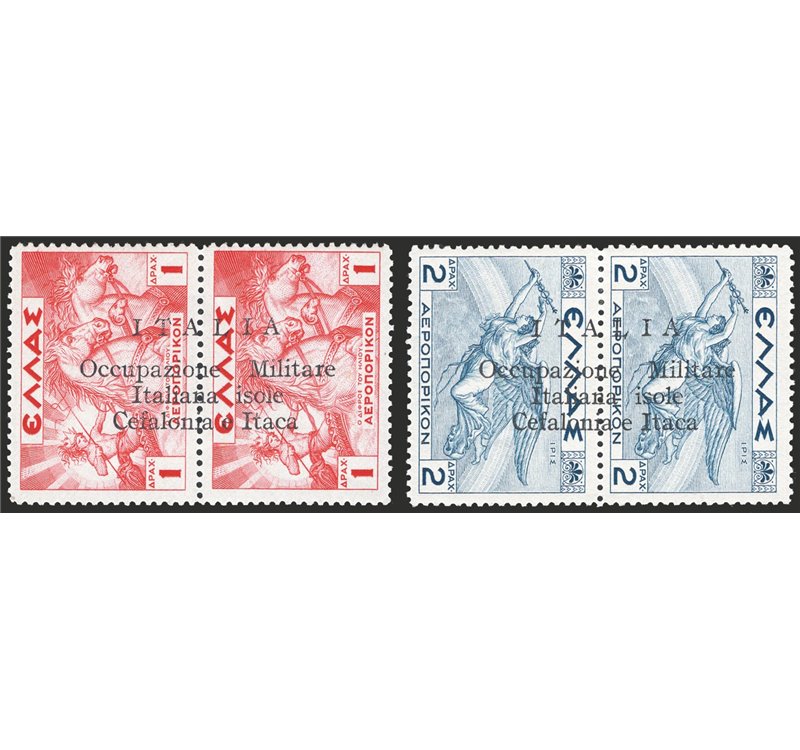 Occup. Italiane - Cefalonia e Itaca - Emissione di Argostopoli - 1941 - Francobolli di Grecia serie Mitologica P.A. 1 dr. e 2 dr