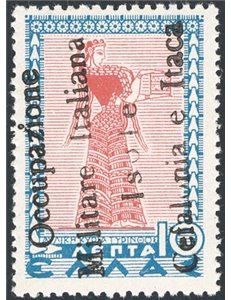 Occup. Italiane - Cefalonia e Itaca - Itaca - 1941 - Mitologica 10 £ azzurro e bruno rosso con soprast. a mano su singolo valore