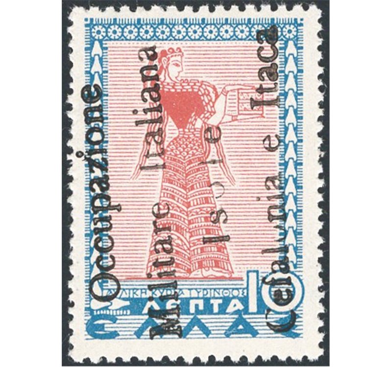 Occup. Italiane - Cefalonia e Itaca - Itaca - 1941 - Mitologica 10 £ azzurro e bruno rosso con soprast. a mano su singolo valore