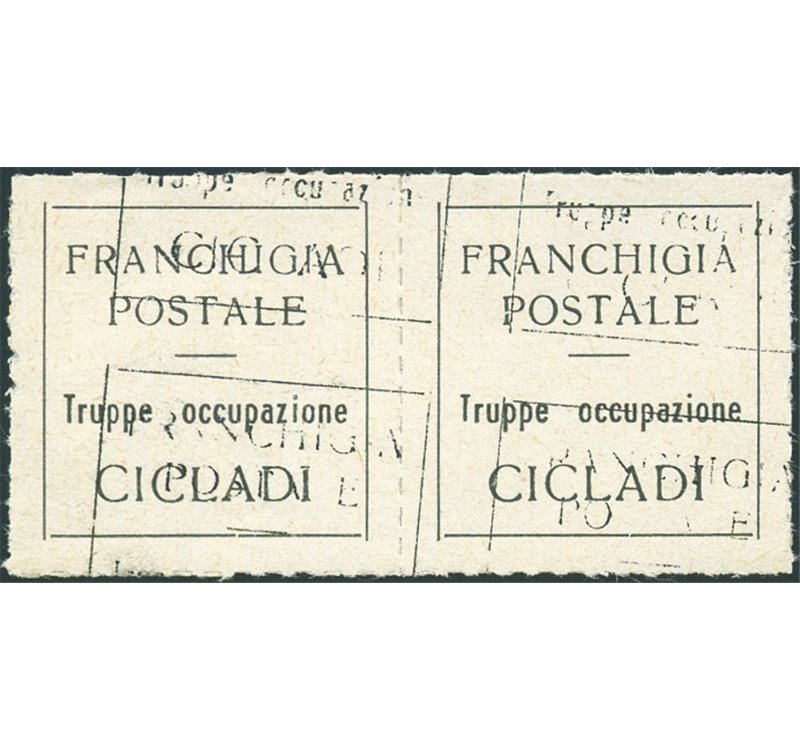 Occup. Italiane - Isole Cicladi - 1941 - Franchigia postale "Isole Cicladi" su carta bianca, coppia con doppia stampa, una delle