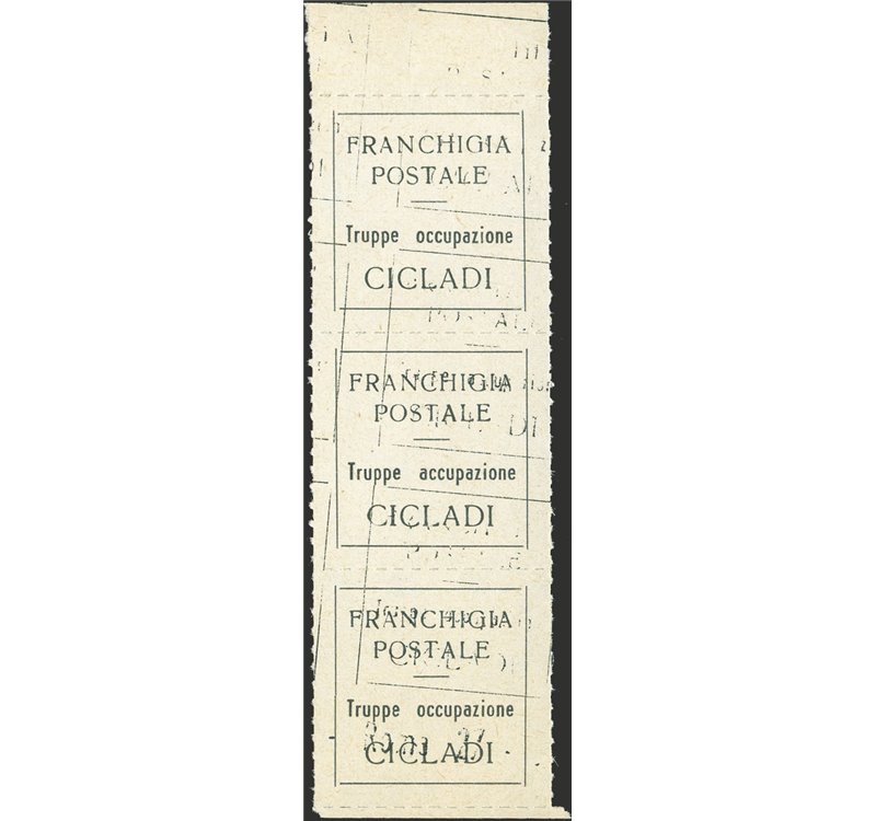Occup. Italiane - Isole Cicladi - 1941 - Franchigia postale "Isole Cicladi" su carta bianca, trittico con doppia stampa, varietà