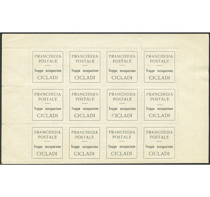 Occup. Italiane - Isole Cicladi - 1941 - Franchigia Postale "Isole Cicladi" il foglietto da 12 esemplari in bianco senza gomma c