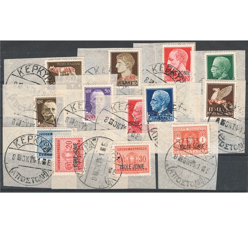 Occup. Italiane - Isole Jonie - 1941 - Emissione completa, n° 1/8 + P.A. 1 + St. 1/4 su frammenti. Cat. € 100 (U/Fr)