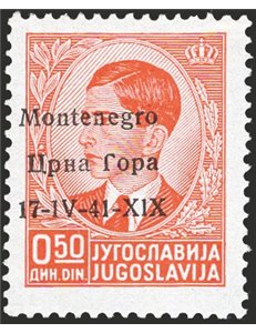 Occup. Italiane - Montenegro - 1942 - Re Pietro 50 c. arancio, n° 14A. Firm.: Raybaudi. Cert.: RD. Cat. € 3.200 (**)