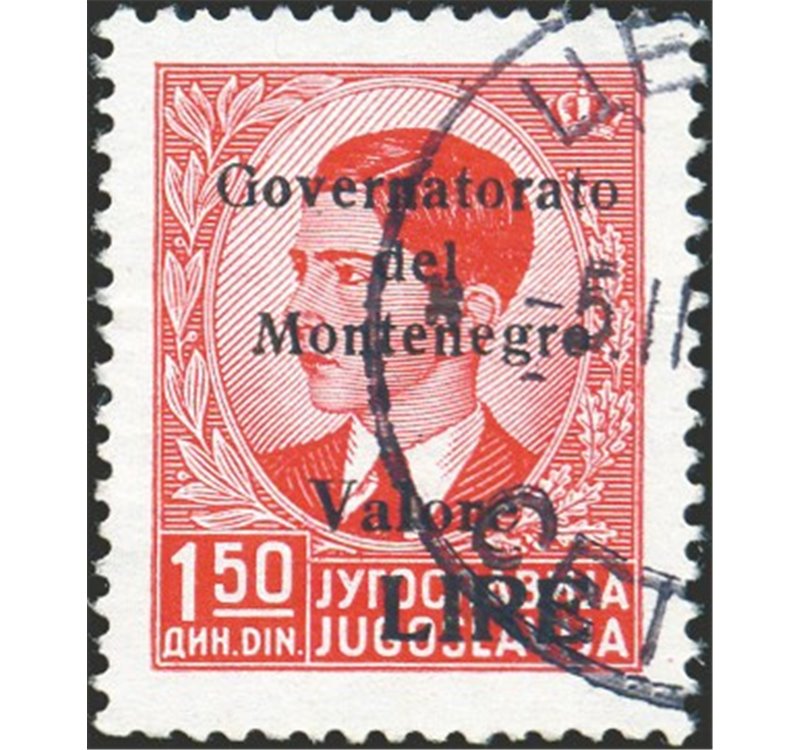 Occup. Italiane - Montenegro - 1942 - Re Pietro 1,50 d. rosso soprast. con valore in lire, pezzo chiave della serie, n° 41. Cert