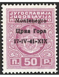 Occup. Italiane - Montenegro - 1941 - Segnatasse di Jugoslavia 50 p. violetto o lilla soprast., n° 1a. Cert.: Partenophil. Cat. 
