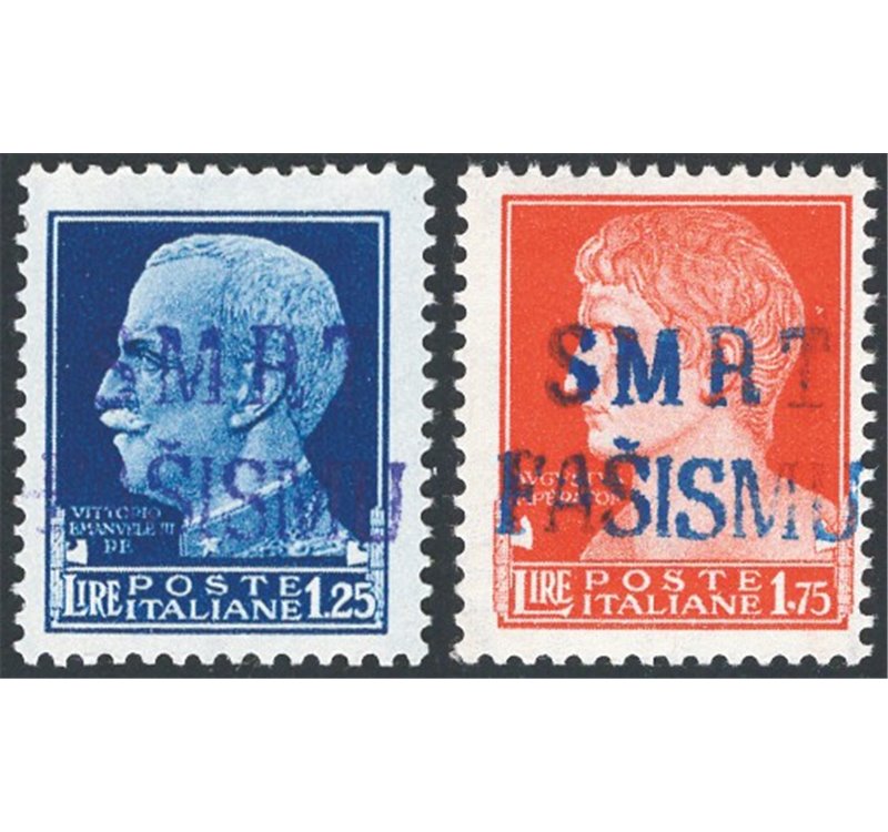 Occup. Italiane - Libero Montenegro - Partigiani di Lagosta - 1943 - Imperiale 1,25 £ soprast. violetta e 1,75 £ soprast. azzurr