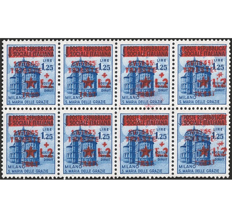 Occup. Straniere dei Territori Italiani - Occup. Jugoslava - Trieste - 1945 - Monumenti distrutti 2 £ su 1,25 azzurro, blocco di