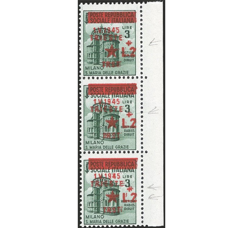 Occup. Straniere dei Territori Italiani - Occup. Jugoslava - Trieste - 1945 - Monumenti distrutti 2 £ su 3 verde mirto in strisc