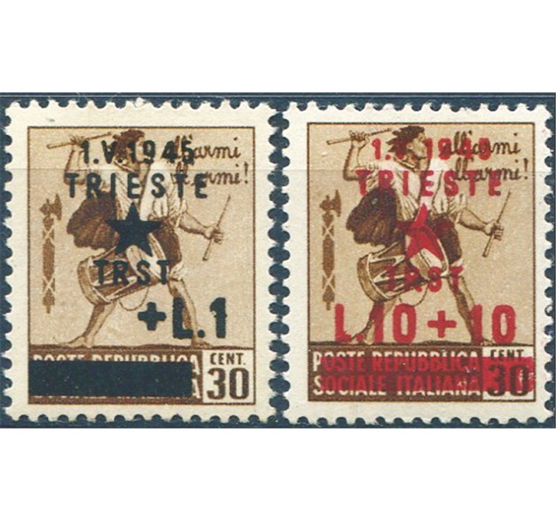 Occup. Straniere dei Territori Italiani - Occup. Jugoslava - Trieste - Monumenti distrutti soprast. 1 £ su 30 c. bruno e 10 £ su