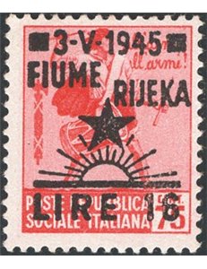 Occup. Straniere dei Territori Italiani - Occup. Jugoslava - Fiume - 1946 - Tamburino 16 £ su 75 c. rosa carminio senza filigran