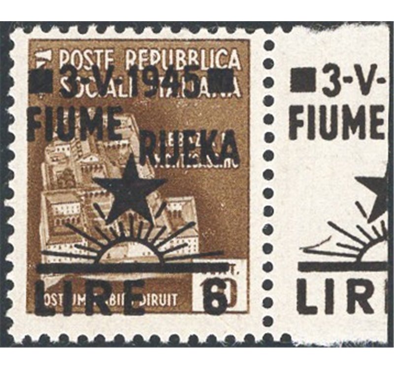 Occup. Straniere dei Territori Italiani - Occup. Jugoslava - Fiume - 1945 - Monumenti distrutti 6 £ su 10 c. bruno angolo di fog