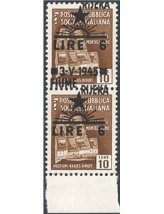 Occup. Straniere dei Territori Italiani - Occup. Jugoslava - Fiume - 1945 - Monumenti distrutti 6 £ su 10 c. bruno in coppia ver