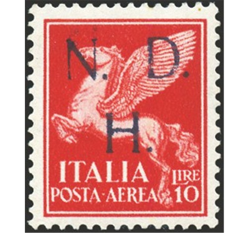 Occup. Straniere dei Territori Italiani - Occup. Croata - Sebenico - 1944 - P.A. Pegaso 10 £ carminio con soprast. N.D.H., uno d