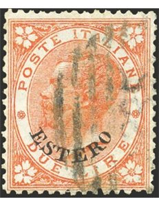 Uff. Post. all'Estero - Levante - Emissioni Generali - 1874 - Vittorio Emanuele 2 £ scarlatto con annullo "235" Ufficio di Tunis