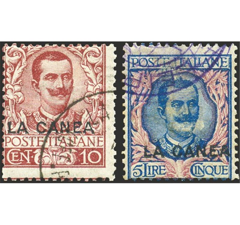 Uff. Post. all'Estero - Levante - La Canea - 1905 - Floreale 10 c. e 5 £ soprast., n° 6 + 13. Cert.: Biondi. Cat. € 1.750 (U)