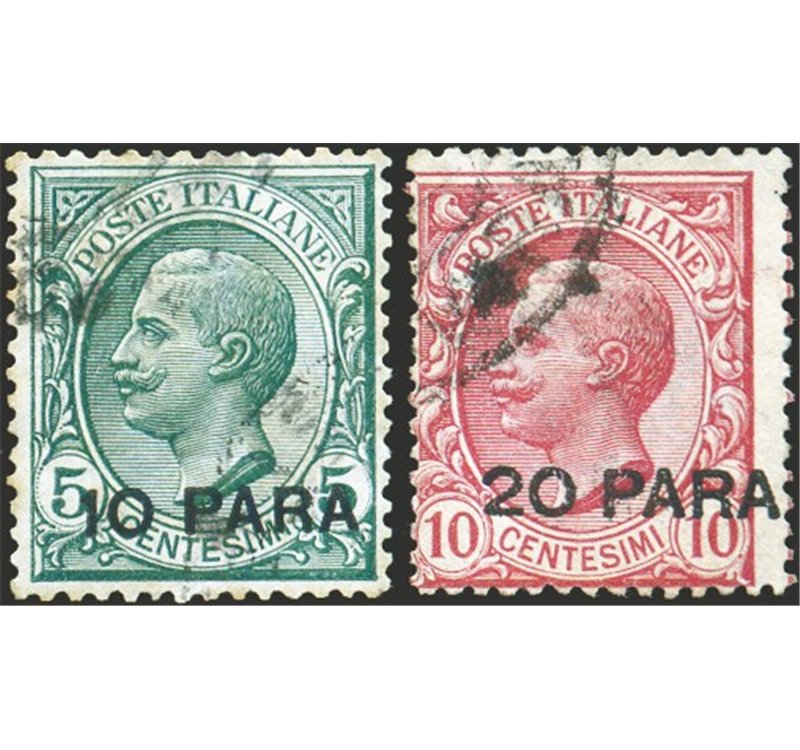 Uff. Post. all'Estero - Levante - Costantinopoli - 1908 - Leoni soprast. 10 para su 5 verde e 20 para su 10 rosa, serie n° 1/2. 