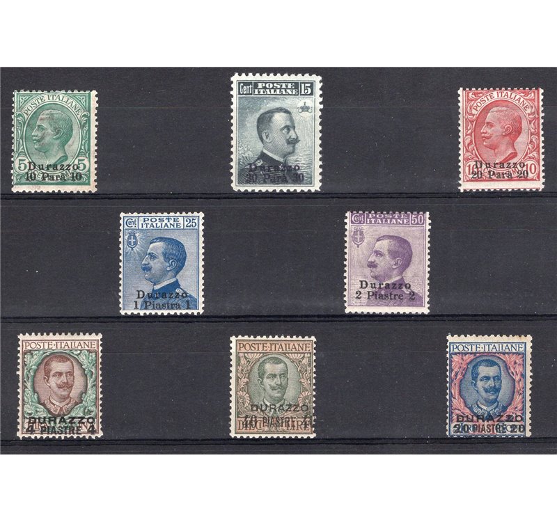 Uff. Post. all'Estero - Levante - Durazzo - 1909/11 - Soprast. serie n° 1/8. Cert.: IC. Cat. € 1.875 (**)