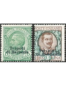 Uff. Post. all'Estero - Levante - Tripoli di Barberia - 1909 - 5 c. e 1 £ soprast, n° 3-9. Cert.: Biondi. Cat. € 680 (*)