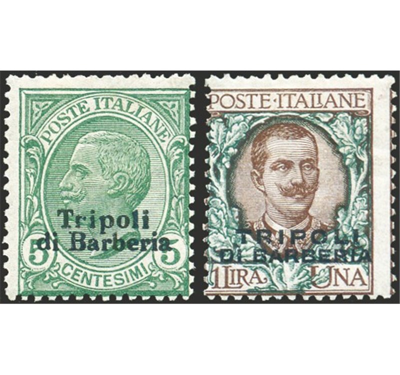 Uff. Post. all'Estero - Levante - Tripoli di Barberia - 1909 - 5 c. e 1 £ soprast, n° 3-9. Cert.: Biondi. Cat. € 680 (*)