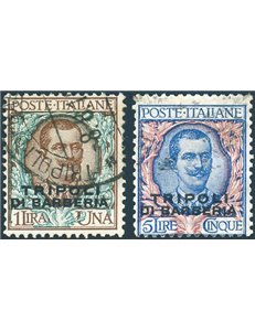 Uff. Post. all'Estero - Levante - Tripoli di Barberia - 1909 - 1 £ e 5 £ soprast n° 9-10. Cert.: Biondi. Cat. € 680 (U)