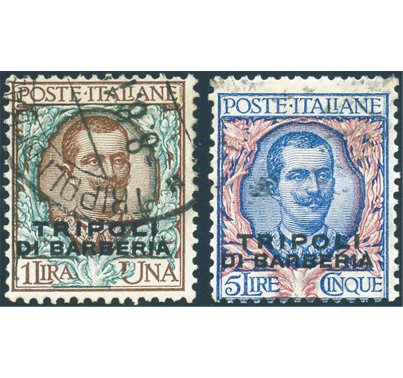 Uff. Post. all'Estero - Levante - Tripoli di Barberia - 1909 - 1 £ e 5 £ soprast n° 9-10. Cert.: Biondi. Cat. € 680 (U)