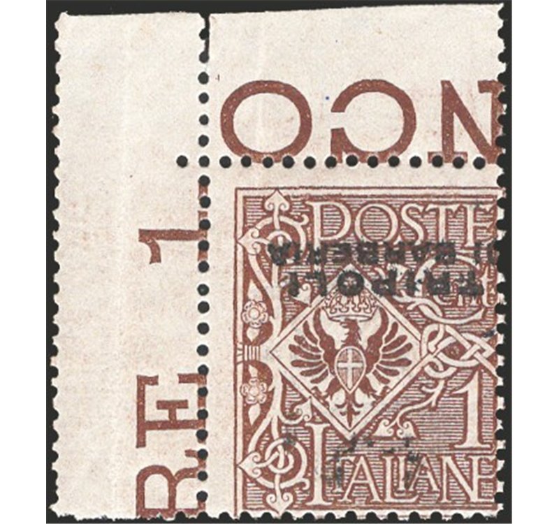 Uff. Post. all'Estero - Levante - Tripoli di Barberia - 1915 - Floreale 1 c. con soprast. capovolta, n° 11a. Cert.: Biondi. Cat.