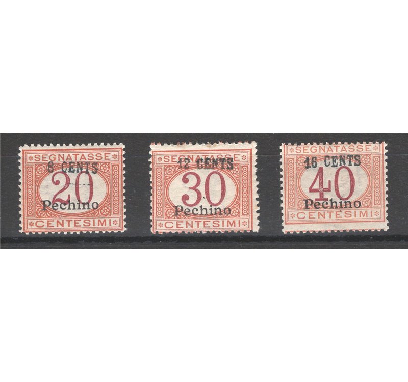 Uff. Post. all'Estero - Cina - Pechino - 1918 - Segnatasse soprast., serie n° 6/8. Cert.: Biondi. Cat. € 3.000 (**)
