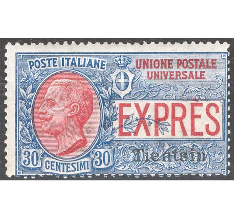 Uff. Post. all'Estero - Cina - Tientsin - 1918 - Espressi 30 c. azzurro e rosso soprast., n° 1. Cat. € 85 (**)