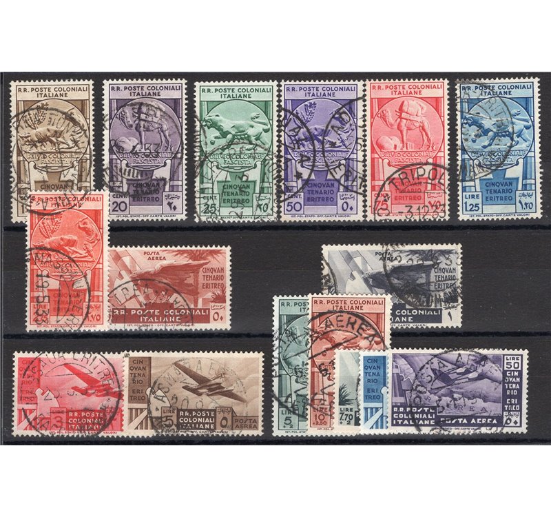 Emissioni Generali - 1933 - Cinquantenario Eritreo, serie n° 23/31 + P.A. 15/21. Cert.: IC. Cat € 1.850 (U)