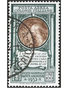 Emissioni Generali - 1932 - P.A. Dante 100 £ verde oliva e bruno, n° 14. Cert.: IC. Cat. € 250 (U)