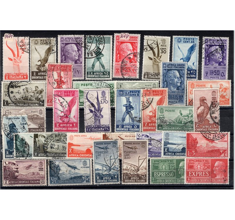 A.O.I. - 1938 - Soggetti vari, serie n° 1/20 + P.A. 1/13 + Ex 1/2. Cert.: IC. Cat. € 800 (U)