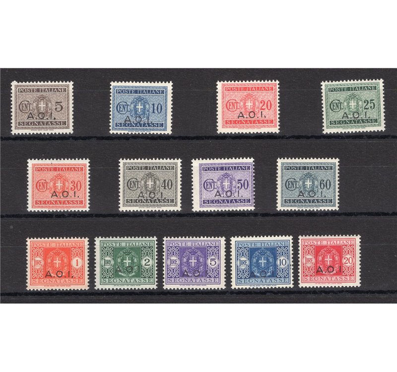 A.O.I. - 1939/40 - Segnatasse soprast. non emessi, serie n° 1/13. Firm.: ED. Cert.: Biondi. Cat. € 750 (**)