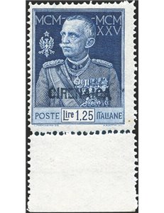 Cirenaica - 1926 - Giubileo 1,25 £ azzurro dent. 13½, n° 26 con buona centratura. Cert.: Biondi. Cat. € 2.500 (**)