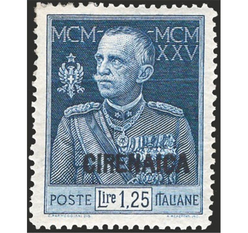 Cirenaica - 1926 - Giubileo 1,25 £ azzurro dent. 13½, n° 26. Cert.: Biondi. Cat. € 500 (*)
