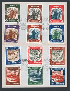 Cirenaica - 1934 - Mostra Coloniale, serie n° 93/98 + P.A 24/29 su due cartoncini. Cat. € 450 (U/Fr)