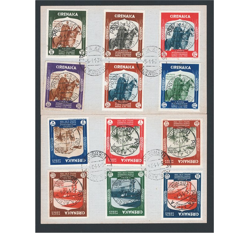 Cirenaica - 1934 - Mostra Coloniale, serie n° 93/98 + P.A 24/29 su due cartoncini. Cat. € 450 (U/Fr)